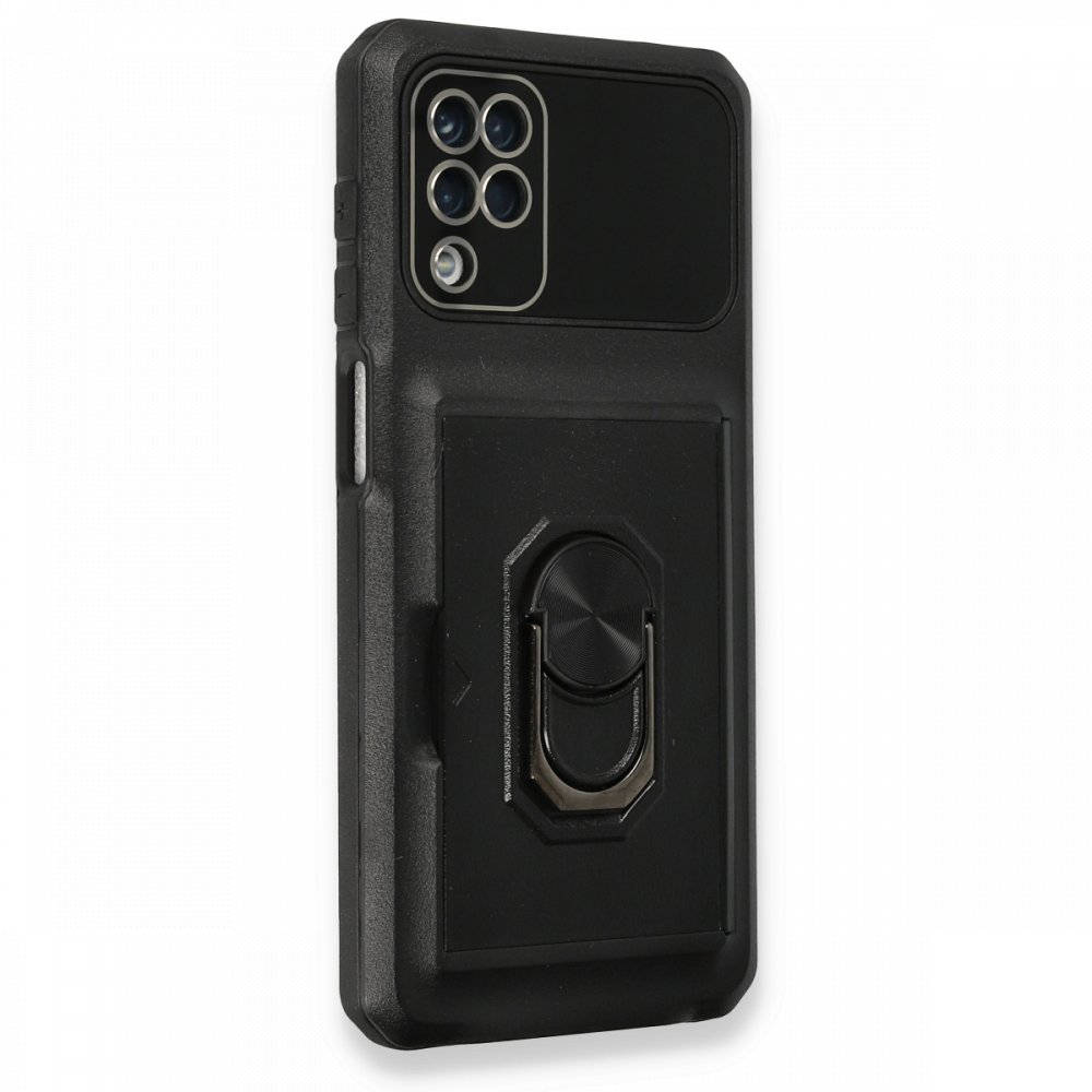 Newface Samsung Galaxy A12 Kılıf Klik Yüzüklü Kartvizitli Silikon - Siyah