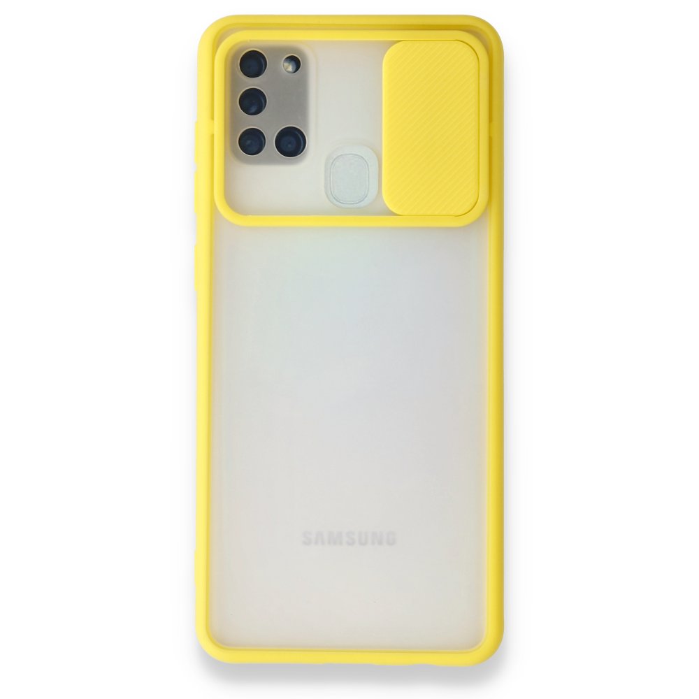 Newface Samsung Galaxy A21S Kılıf Palm Buzlu Kamera Sürgülü Silikon - Sarı