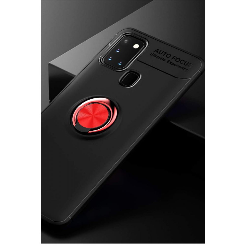 Newface Samsung Galaxy A21S Kılıf Range Yüzüklü Silikon - Siyah-Kırmızı