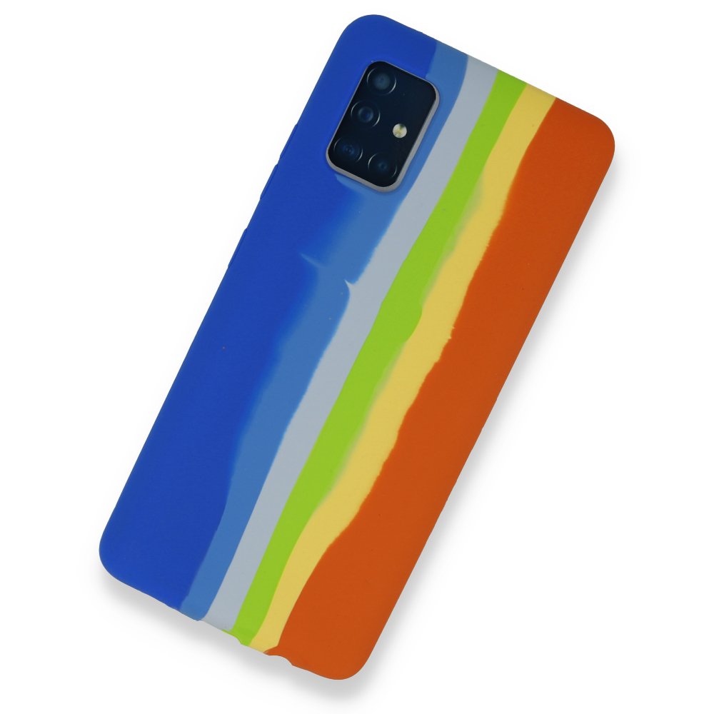 Newface Samsung Galaxy A51 Kılıf Ebruli Lansman Silikon - Mavi-Turuncu