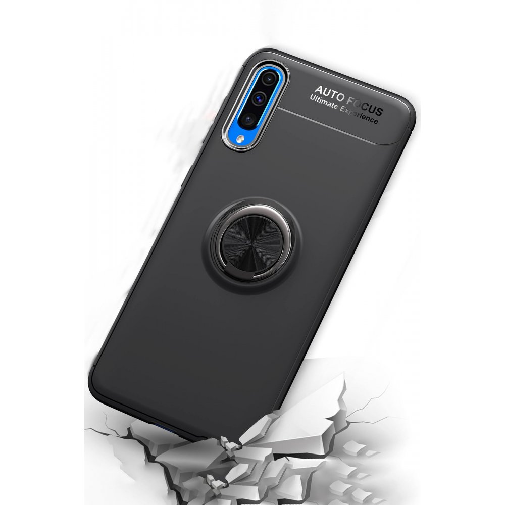 Newface Samsung Galaxy A70 Kılıf Range Yüzüklü Silikon - Siyah-Mavi
