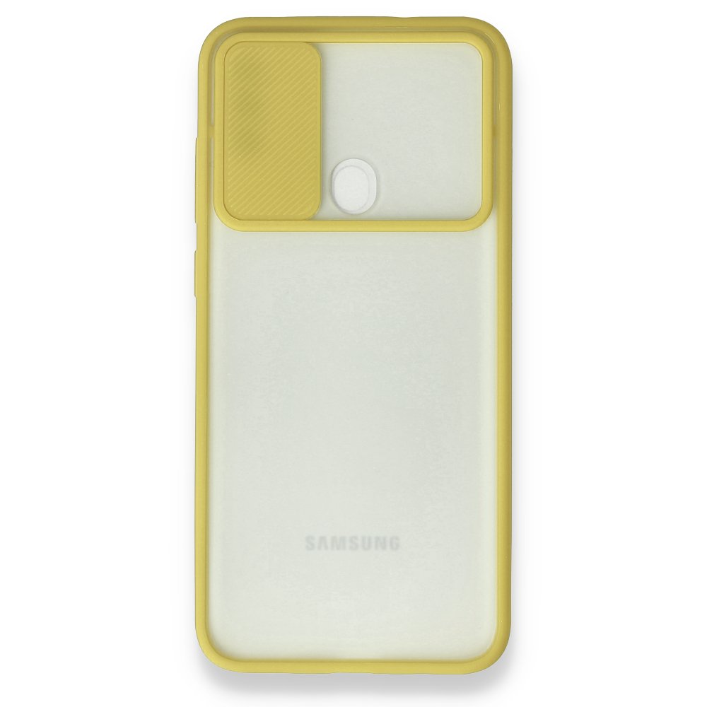 Newface Samsung Galaxy M11 Kılıf Palm Buzlu Kamera Sürgülü Silikon - Sarı