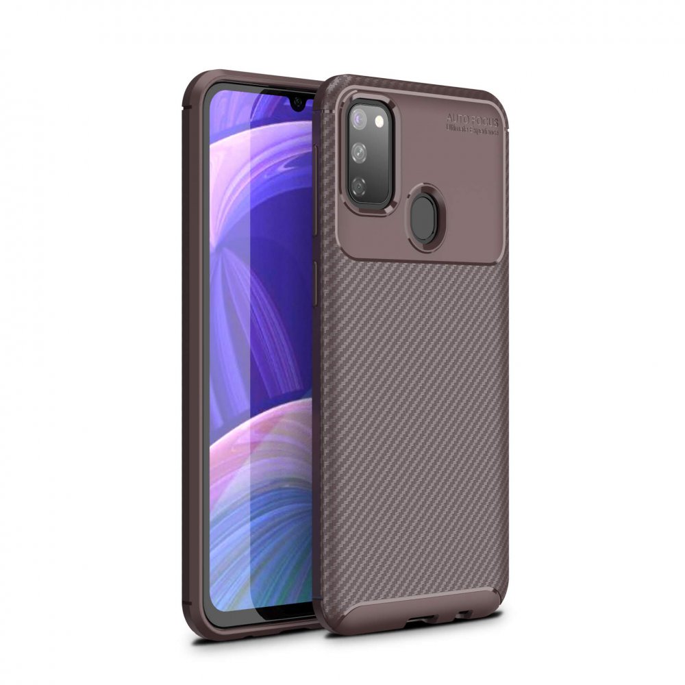 Newface Samsung Galaxy M21 Kılıf Auto Focus Karbon Kapak - Kahverengi