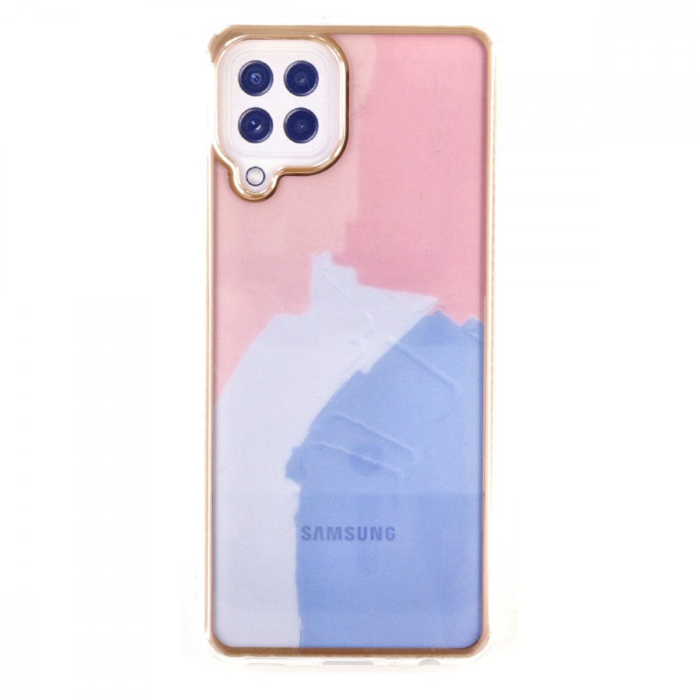 Newface Samsung Galaxy M22 Kılıf Çiçekli Silikon - Pembe-Mavi