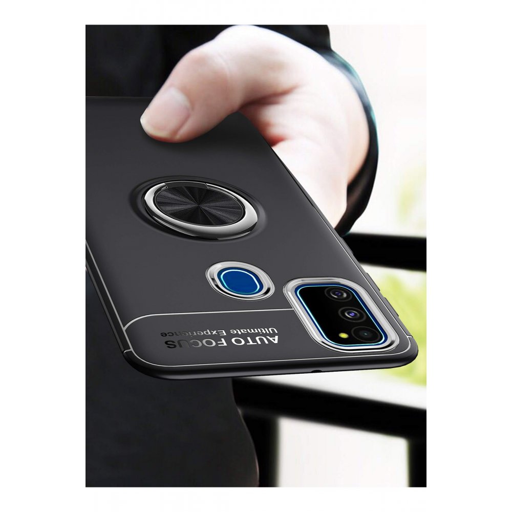 Newface Samsung Galaxy M21 Kılıf Range Yüzüklü Silikon - Siyah-Kırmızı