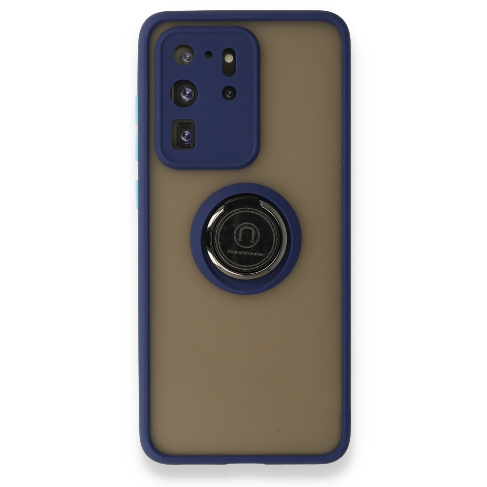 Newface Samsung Galaxy S20 Ultra Kılıf Montreal Yüzüklü Silikon Kapak - Lacivert