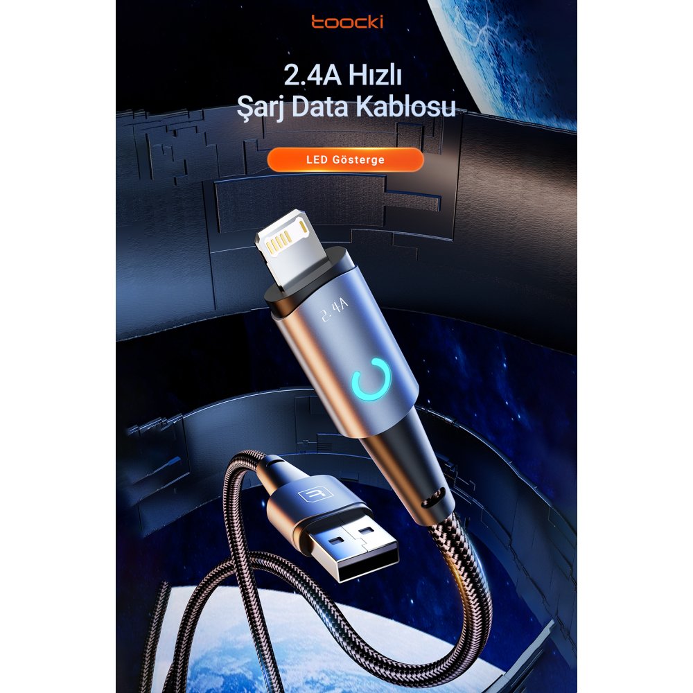 Newface Toocki TQ-X02 1M 2.4A Hasırlı Usb to Lightning Hızlı Şarj Kablosu - Siyah
