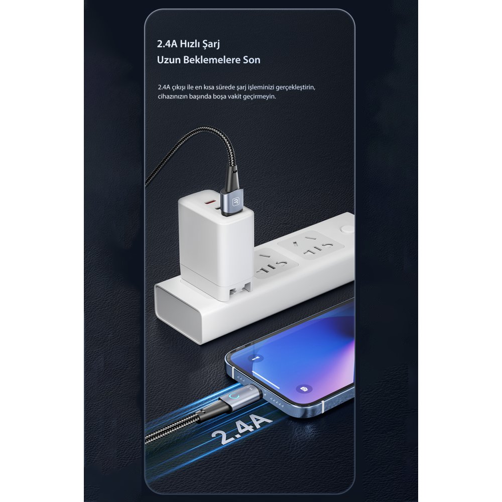 Newface Toocki TQ-X02 1M 2.4A Hasırlı Usb to Lightning Hızlı Şarj Kablosu - Siyah