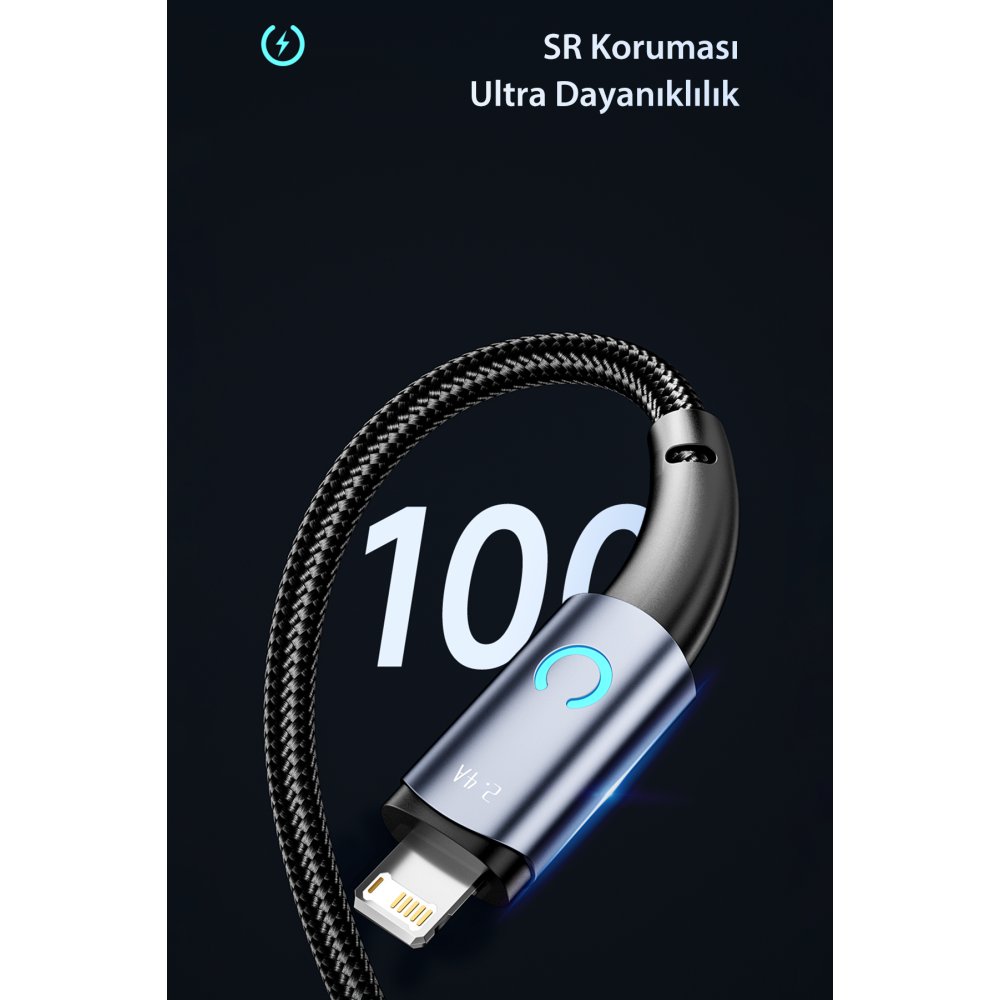 Newface Toocki TQ-X02 1M 2.4A Hasırlı Usb to Lightning Hızlı Şarj Kablosu - Siyah