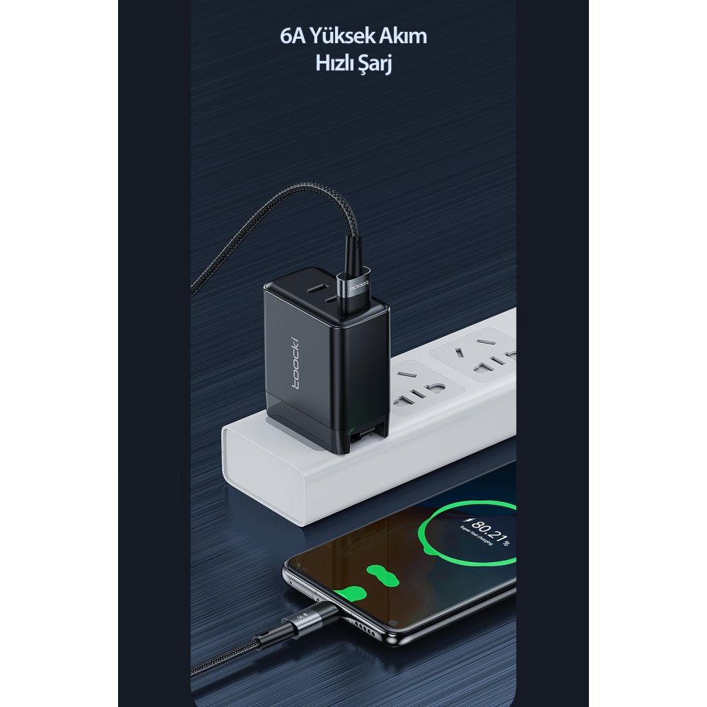 Newface Toocki TQ-X08F 1M 66W Hasırlı Usb to Type-C PD Hızlı Şarj Kablosu - Siyah