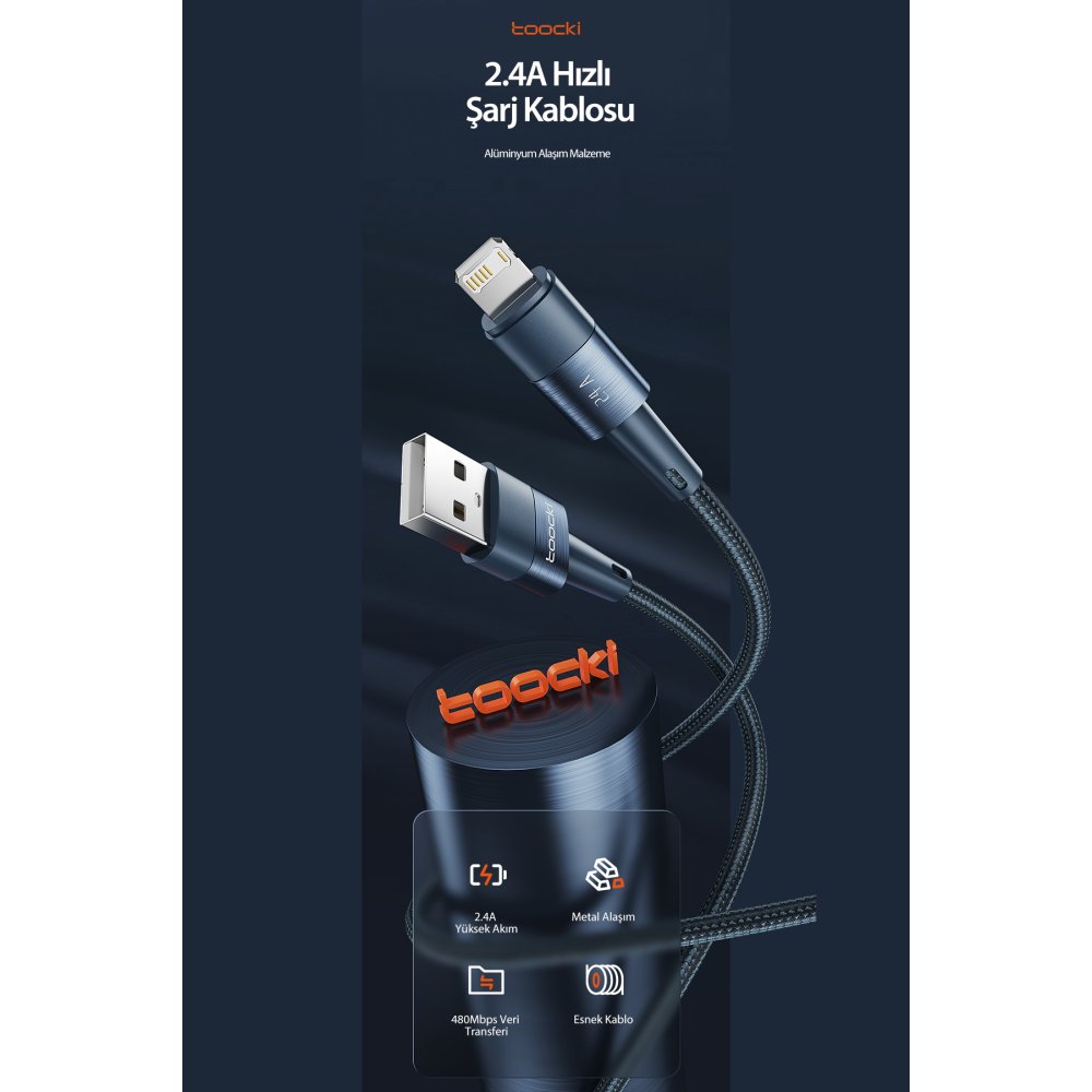 Newface Toocki TQ-X08L 1M 2.4A Hasırlı Usb to Lightning PD Hızlı Şarj Kablosu - Mavi