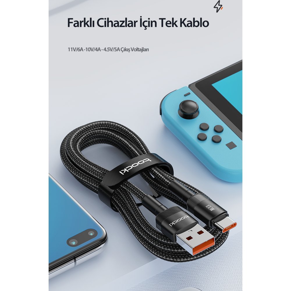 Newface Toocki TQ-X12 1M 100W Hasırlı Usb to Type-C PD Hızlı Şarj Kablosu - Mavi