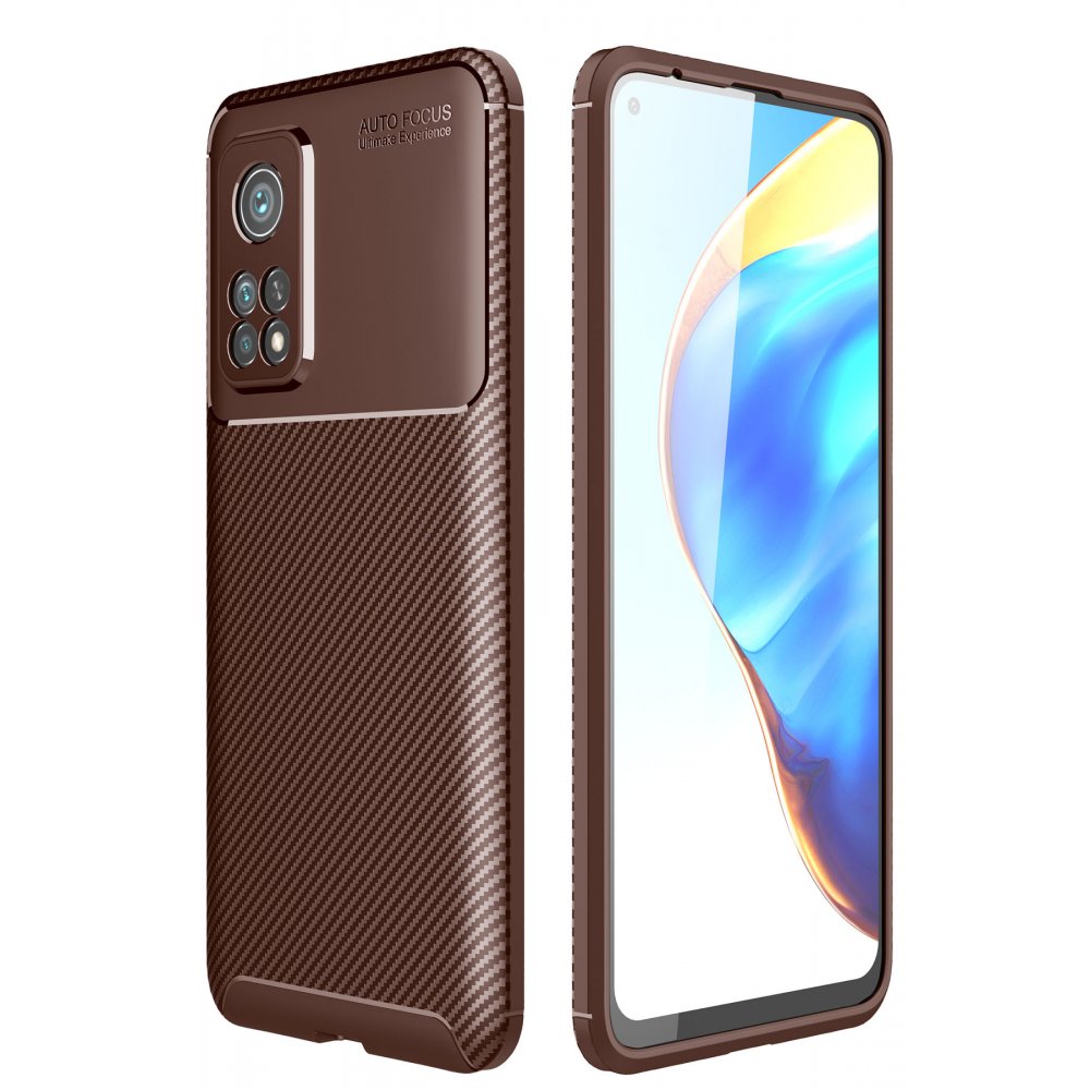 Newface Xiaomi Mi 10T Kılıf Auto Focus Karbon Kapak - Kahverengi