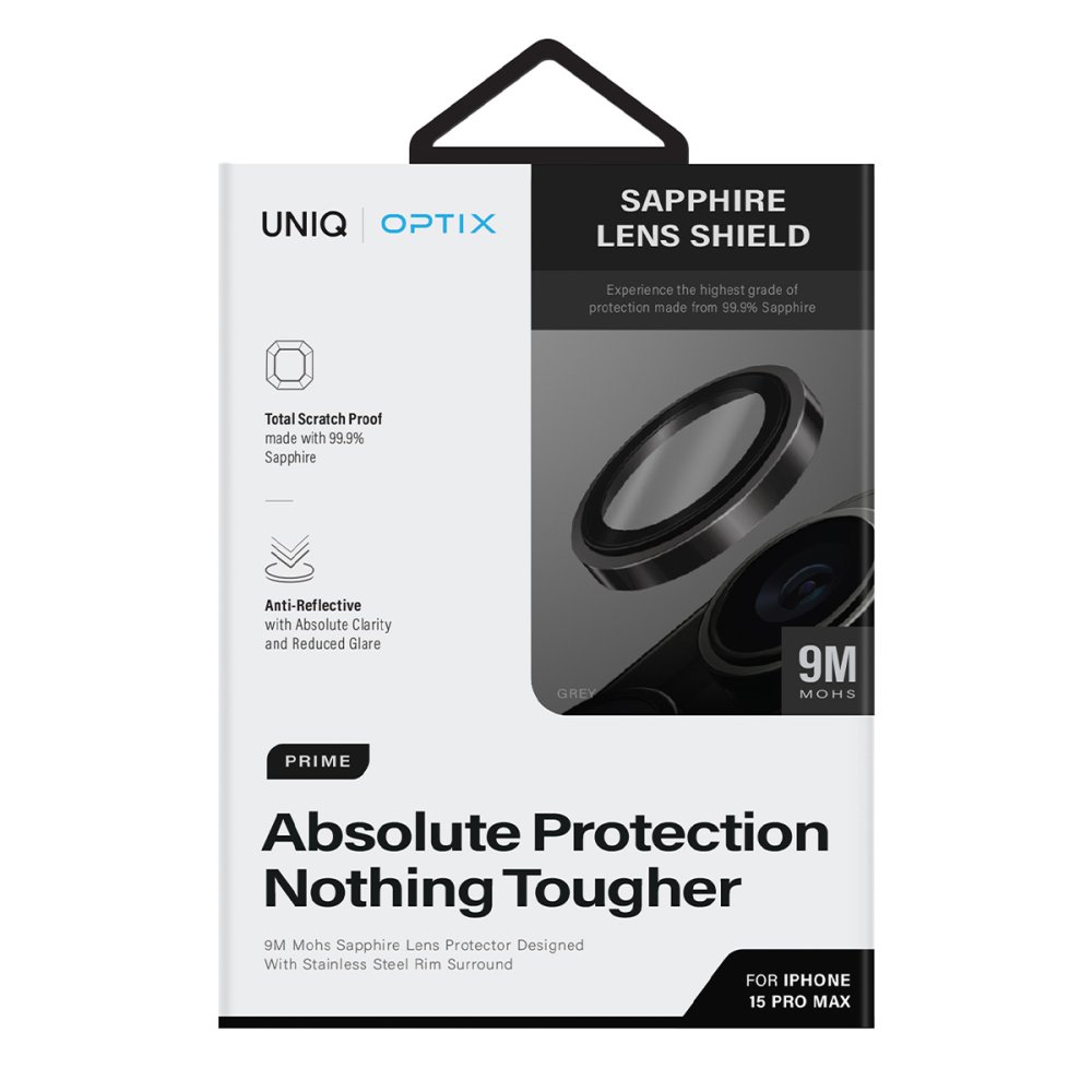 Uniq iPhone 15 Pro Max Optix Çelik Çerçeveli Sapphire Kamera Lens Koruyucu - Gri
