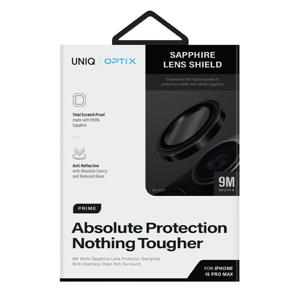 Uniq iPhone 15 Pro Max Optix Çelik Çerçeveli Sapphire Kamera Lens Koruyucu - Siyah