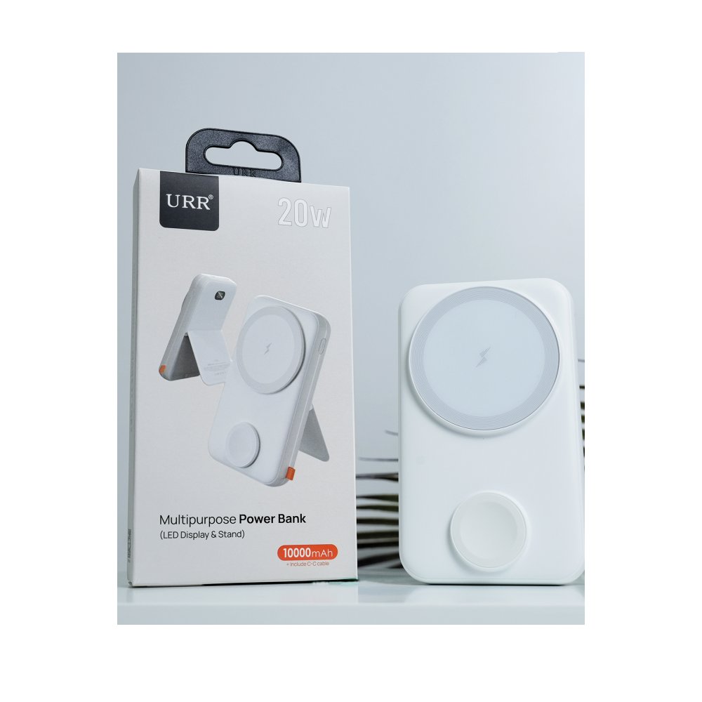 URR Multipurpose 20W 10.000 mAh Dijital Şarj Göstergeli Telefon ve Saat İçin Kablosuz Şarj Magsafe Powerbank - Beyaz