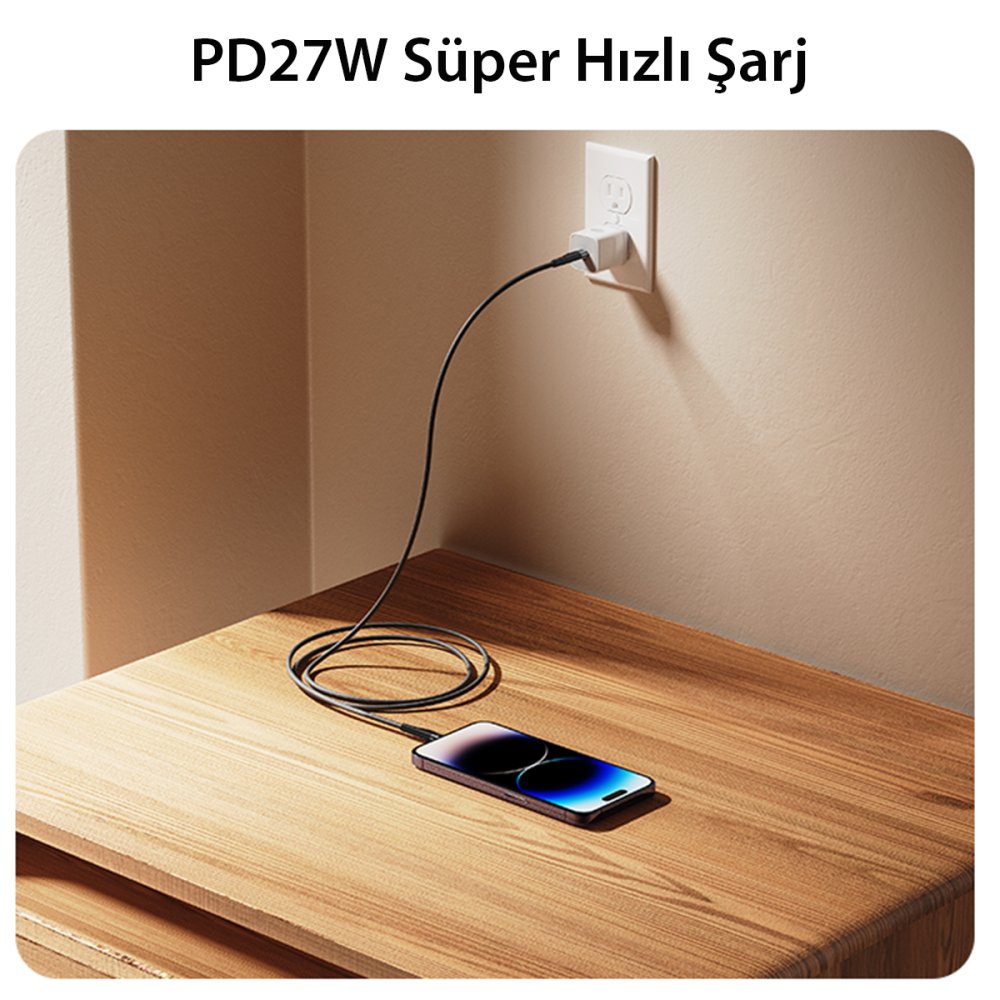 Yesido CA115 3M 27W Hasırlı Type-C to Lightning PD Hızlı Şarj Kablosu - Siyah