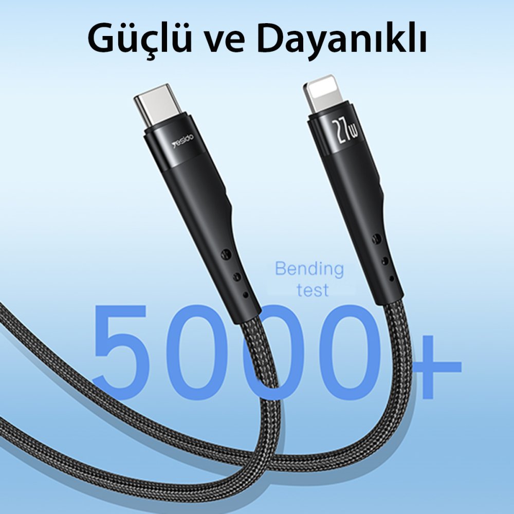 Yesido CA115 3M 27W Hasırlı Type-C to Lightning PD Hızlı Şarj Kablosu - Siyah