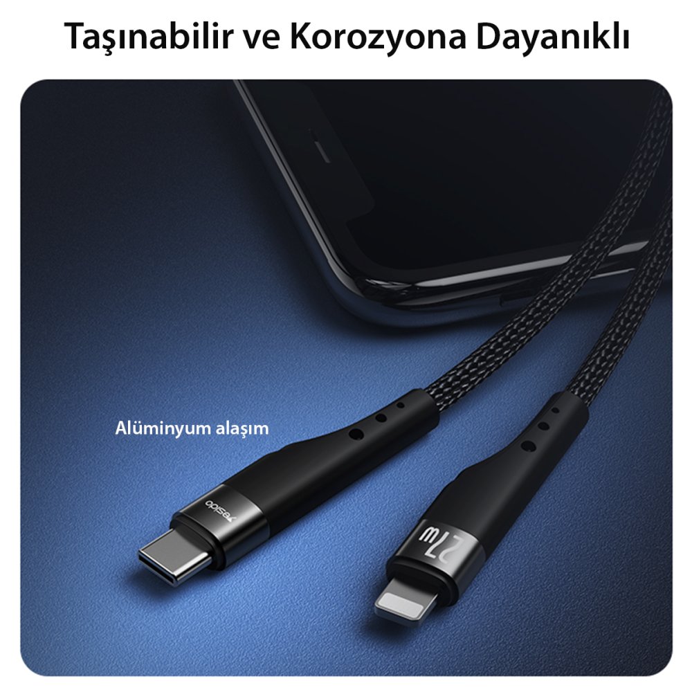 Yesido CA115 3M 27W Hasırlı Type-C to Lightning PD Hızlı Şarj Kablosu - Siyah