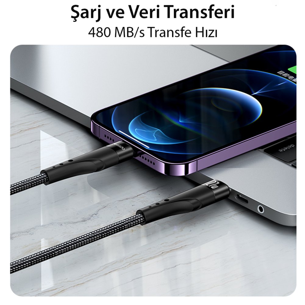 Yesido CA115 3M 27W Hasırlı Type-C to Lightning PD Hızlı Şarj Kablosu - Siyah