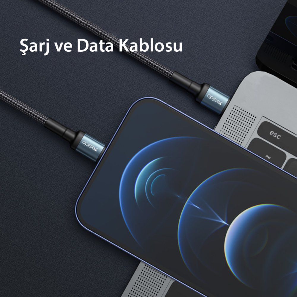 Yesido CA76 1.2M 20W Hasırlı Type-C to Lightning PD Hızlı Şarj Kablosu - Siyah
