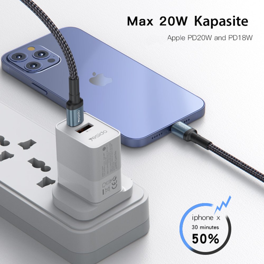 Yesido CA77 2M 20W Hasırlı Type-C to Lightning PD Hızlı Şarj Kablosu - Siyah