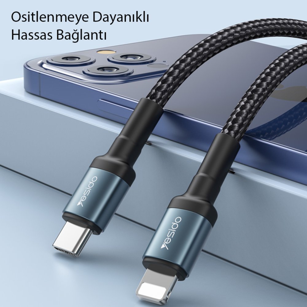 Yesido CA77 2M 20W Hasırlı Type-C to Lightning PD Hızlı Şarj Kablosu - Siyah