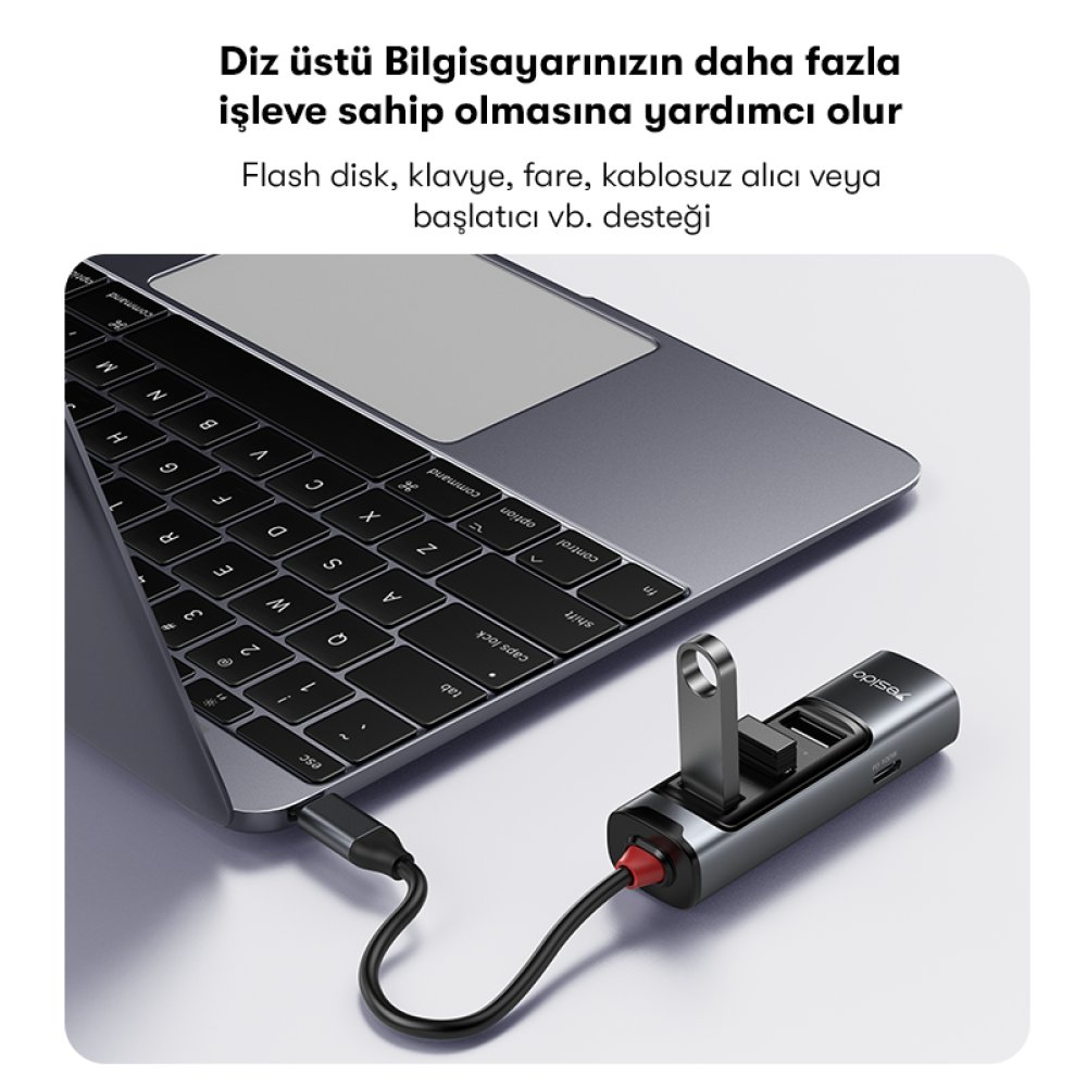 Yesido HB22 5in1 3 Adet Usb 3.0 / 1 Adet 100W Type-C ve 1 Adet 4K 30Hz HDMI Çıkışlı Hub Dönüştürücü - Siyah