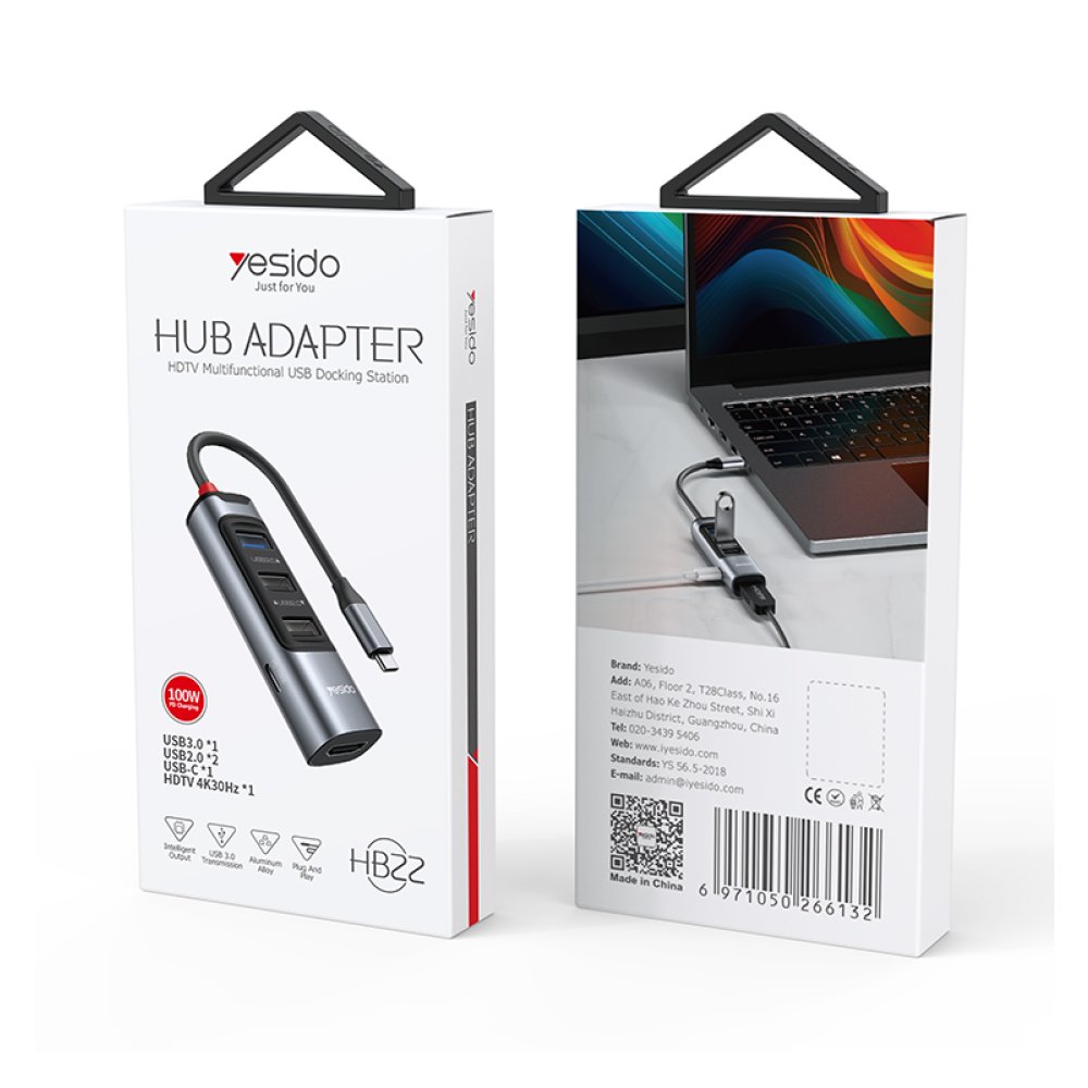 Yesido HB22 5in1 3 Adet Usb 3.0 / 1 Adet 100W Type-C ve 1 Adet 4K 30Hz HDMI Çıkışlı Hub Dönüştürücü - Siyah