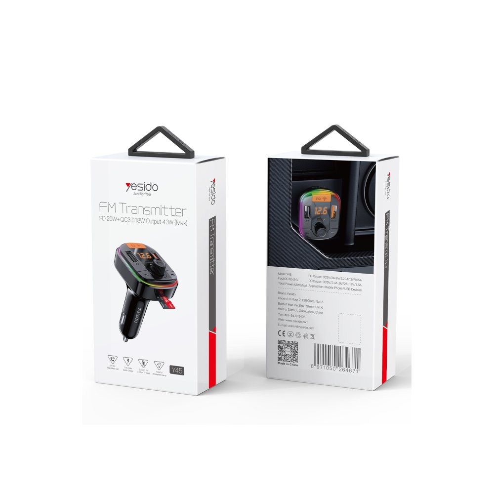 Yesido Y45 1 Adet 18W PD Type-C Çıkışlı ve 1 Adet QC 3.0 USB Çıkışlı BT 5.0 RGB FM Transmitter - Siyah