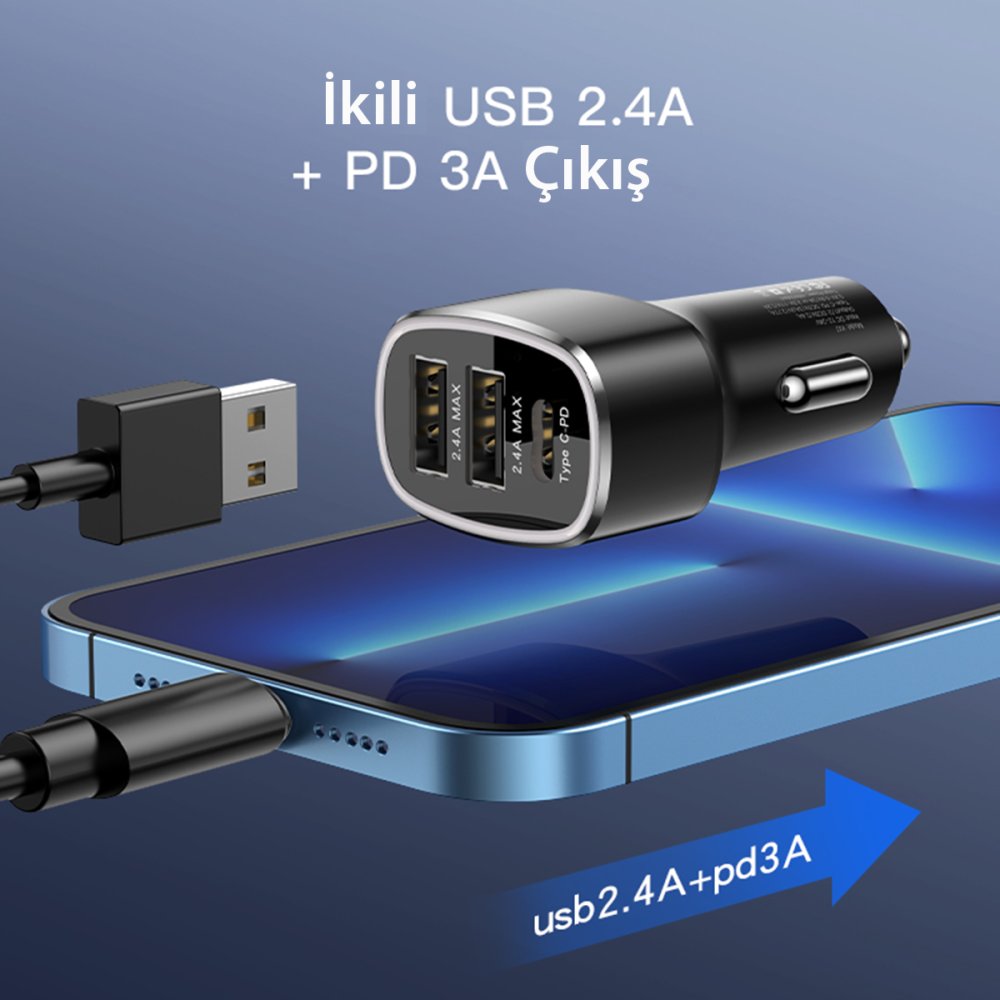 Yesido Y47 25W PD Type-C ve 2 Adet 12W Usb Araç Şarj - Siyah