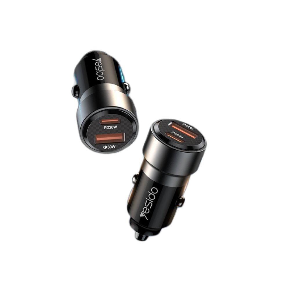 Yesido Y55 1 Adet 30W Usb / 1 Adet 30W Type-C ve 60W Type-C to Type-C Kablolu PD Hızlı Araç Şarj - Siyah