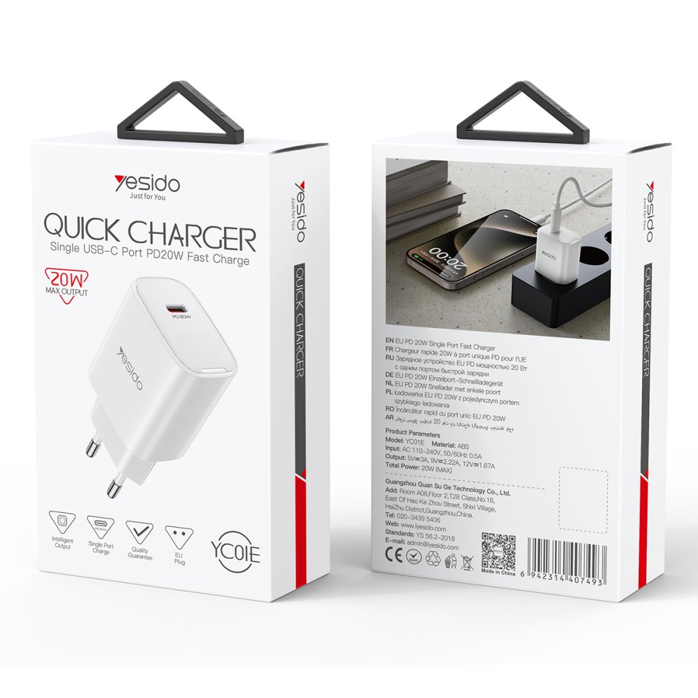 Yesido YC01E 20W Type-C Çıkışlı PD Hızlı Şarj Cihazı - Beyaz