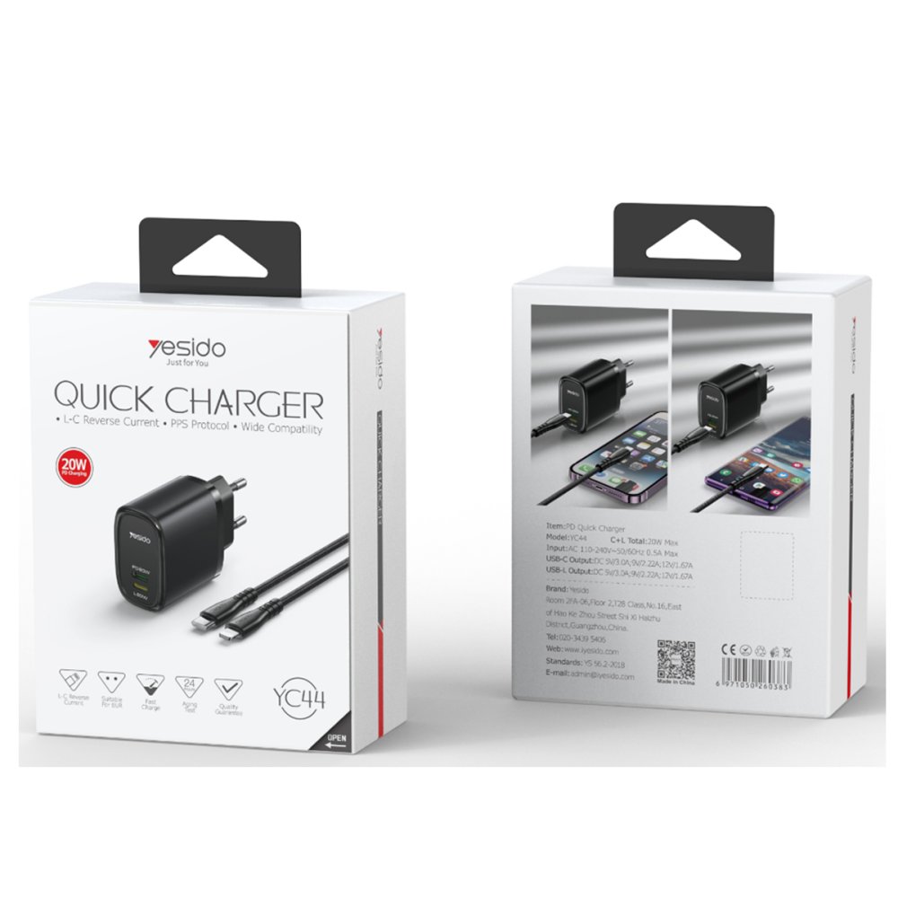 Yesido YC44 20W Type-C / 20W Lightning Çıkışlı ve 1M 27W Type-C to Lightning Kablolu PD Şarj Cihazı - Siyah