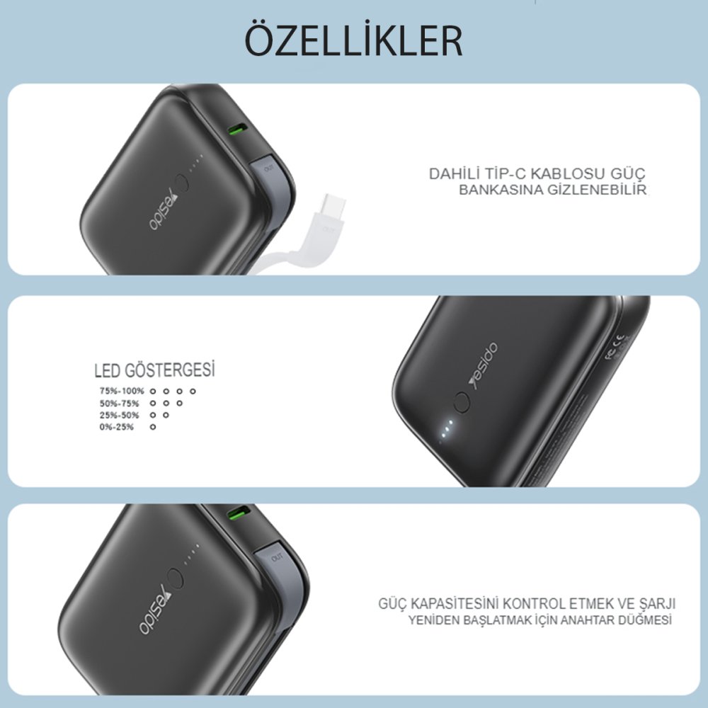 Yesido YP18 10.000 mAh USB3.0 PD Hızlı Şarj Powerbank - Siyah