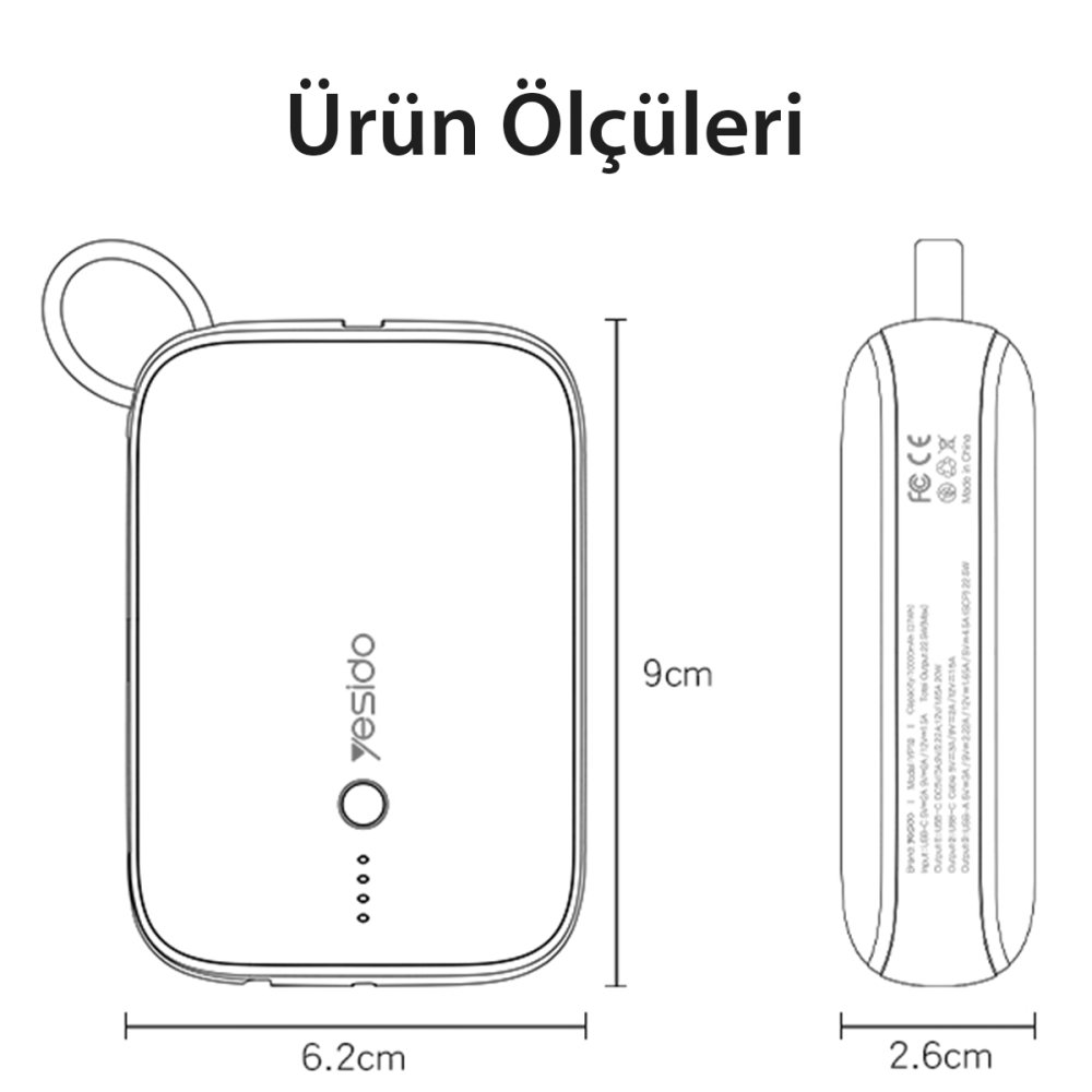 Yesido YP18 10.000 mAh USB3.0 PD Hızlı Şarj Powerbank - Siyah