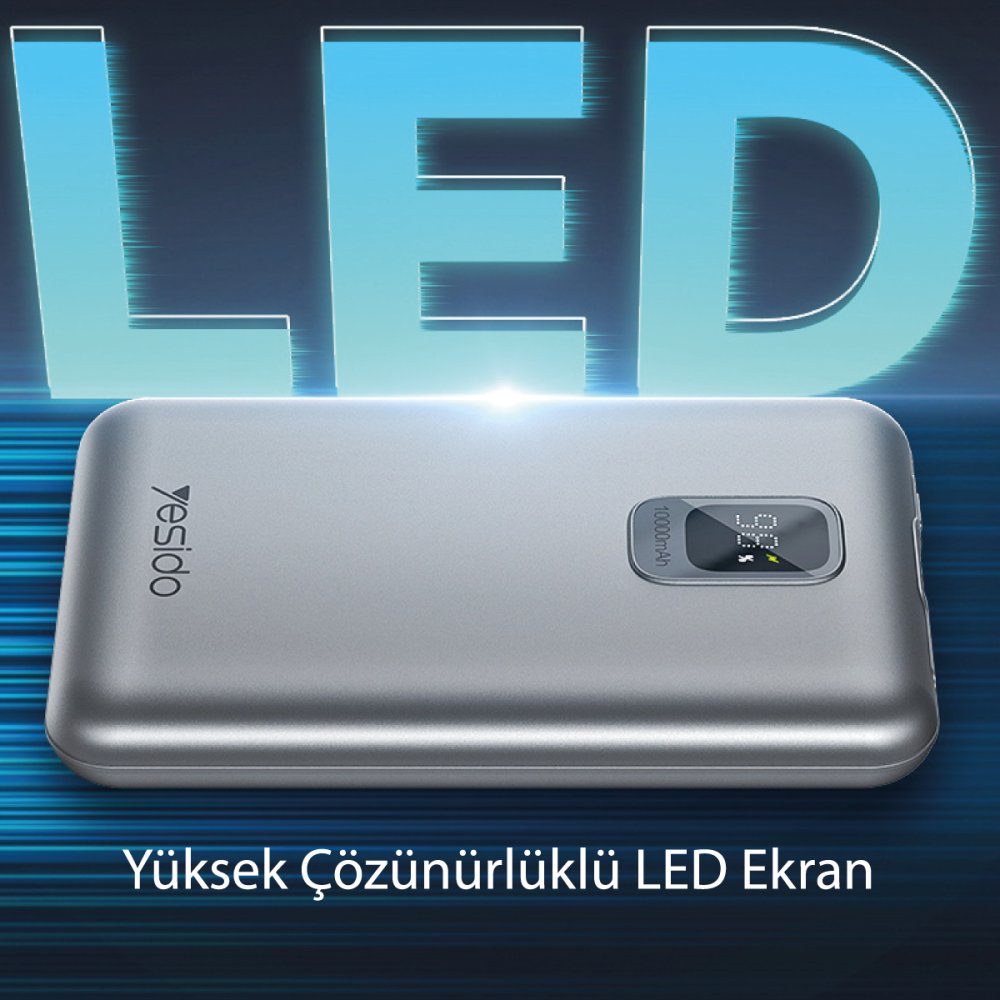 Yesido YP46 10.000 mAh 22.5W Dijital Göstergeli USB3.0 PD Hızlı Şarj Powerbank - Siyah