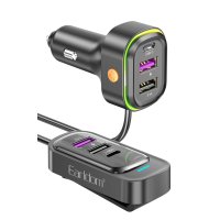Earldom ES-CC26 1.5M Dahili Uzatıcı Kablolu 2 Adet Type-C ve 4 Adet USB Çıkışlı RGB 66W PD Hızlı Araç Şarj - Siyah
