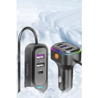 Earldom ES-CC26 1.5M Dahili Uzatıcı Kablolu 2 Adet Type-C ve 4 Adet USB Çıkışlı RGB 66W PD Hızlı Araç Şarj - Siyah