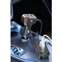 Earldom ES-CC26 1.5M Dahili Uzatıcı Kablolu 2 Adet Type-C ve 4 Adet USB Çıkışlı RGB 66W PD Hızlı Araç Şarj - Siyah