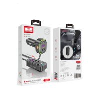 Earldom ES-CC26 1.5M Dahili Uzatıcı Kablolu 2 Adet Type-C ve 4 Adet USB Çıkışlı RGB 66W PD Hızlı Araç Şarj - Siyah