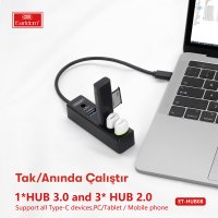 Earldom HUB08 Tak Çalıştır 3 Adet Usb 2.0 ve 1 Adet Usb 3.0 Çıkışlı Usb Çoklayıcı - Siyah