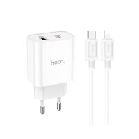 Hoco C80A Plus Rapido USB 3.0 QC ve 20W Type-C PD Çıkışlı ve Ekstra Type-C to Lightning Kablolu Şarj Aleti - Beyaz