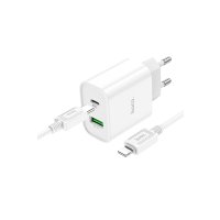 Hoco C80A Plus Rapido USB 3.0 QC ve 20W Type-C PD Çıkışlı ve Ekstra Type-C to Lightning Kablolu Şarj Aleti - Beyaz