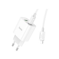Hoco C80A Plus Rapido USB 3.0 QC ve 20W Type-C PD Çıkışlı ve Ekstra Type-C to Lightning Kablolu Şarj Aleti - Beyaz