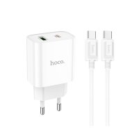 Hoco C80A Plus Rapido USB 3.0 QC ve 20W Type-C PD Çıkışlı ve Ekstra Type-C to Type-C Kablolu Şarj Aleti - Beyaz