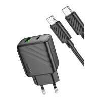 Hoco CS23A Sunlight 30W 1 Adet Type-C ve 1 Adet USB 3.0 QC Çıkışlı Ekstra Type-C to Type-C Kablolu PD Hızlı Şarj Aleti - Siyah