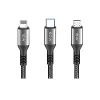 Konfulon DC62 3in1 Type-C to 60W Type-C / 12W Lightning / 15W Micro 1.2M Hızlı Şarj Kablo - Siyah