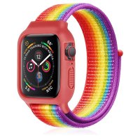 Newface Apple Watch 38mm Hasırlı Cırtcırtlı Kasalı Kordon - Gökkuşağı