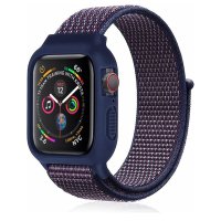 Newface Apple Watch 38mm Hasırlı Cırtcırtlı Kasalı Kordon - Lacivert-Mürdüm